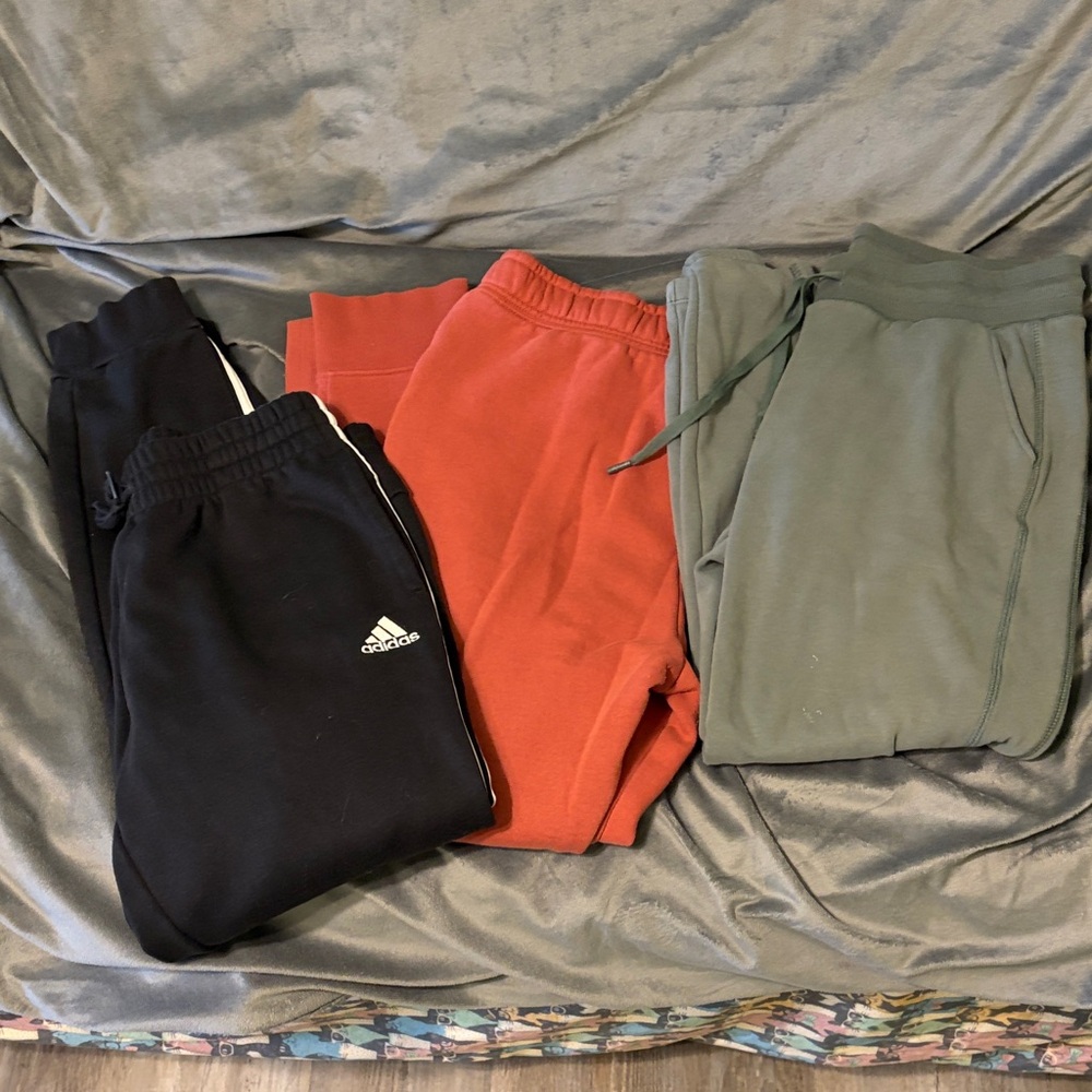 adidas Black, Red & Green Sweatpants Trio — Joggers Set 3 for $20